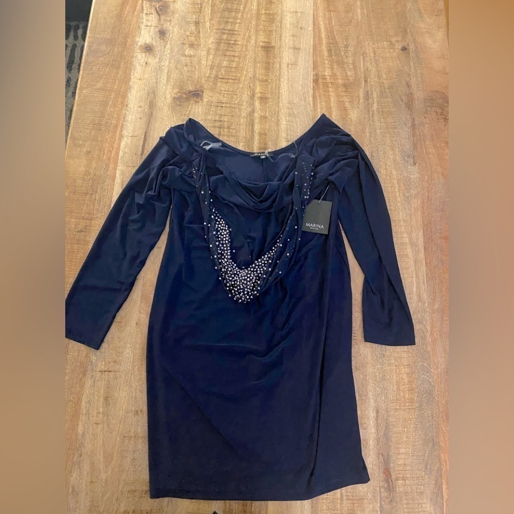 Marina dresses size 14 jersey material shift dress cowl neck with beaded sequins